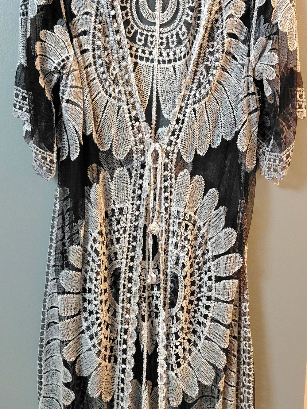 Delicate Black Lace Overlay Top with White Embroidered Floral Design